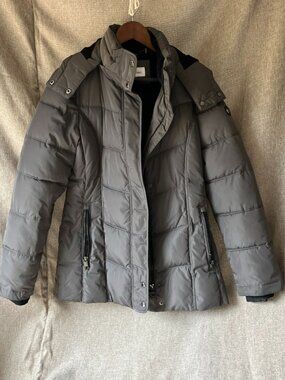 Calvin Klein Women's S Grey Lined Hooded Zip Puffer Jacket EUC